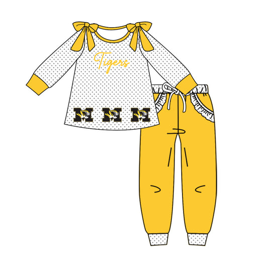 Preorder (moq 5)Baby Girls Polka Dots M Tigers Tunic Pockets Jogger Team Clothes Sets
