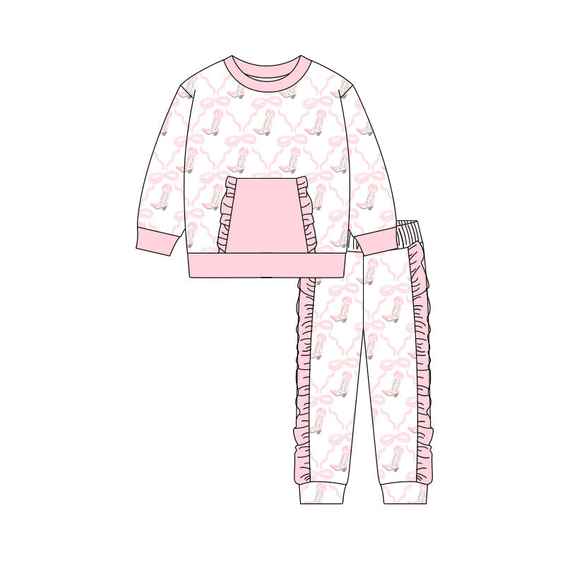 Preorder(moq 5) Baby Girls Pink Bows Boots Checked Pockets Top Ruffle Leggings Pant Clothes Sets