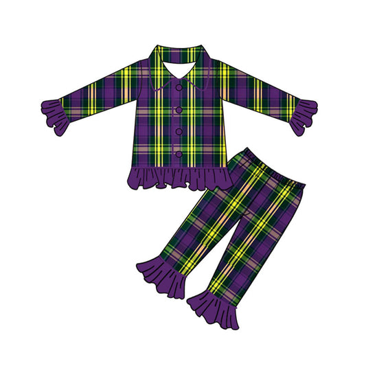 Preorder (moq 5)Baby Girls Purple Yellow Green Checked Button Ruffle Pants Mardigras Pajamas Sets