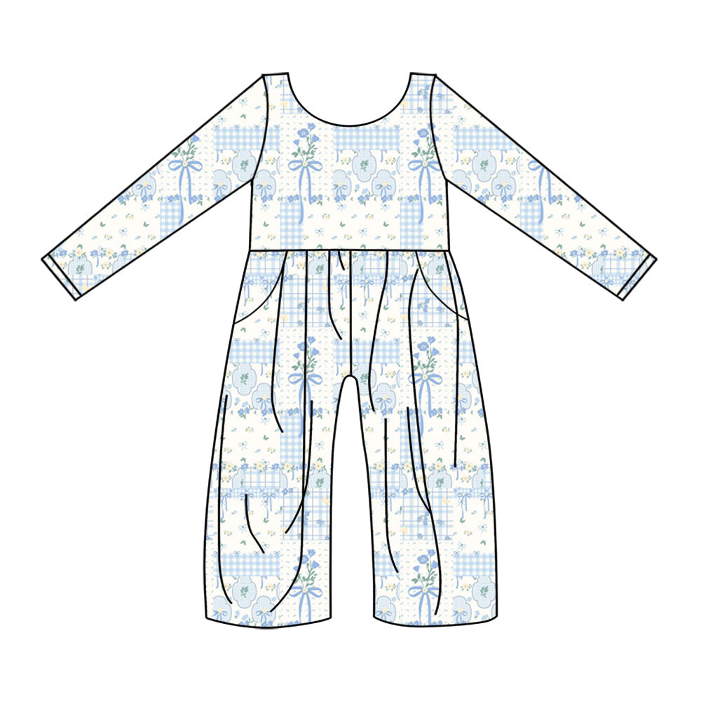 Preorder(moq 5) Baby Girls Blue Flowers Bows Checked Pockets Pant Jumpsuits