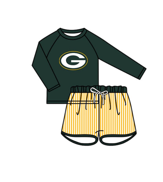 Preorder moq 5 Baby Boys Green G Long Sleeve Top Stripe Shorts Team Swimsuits