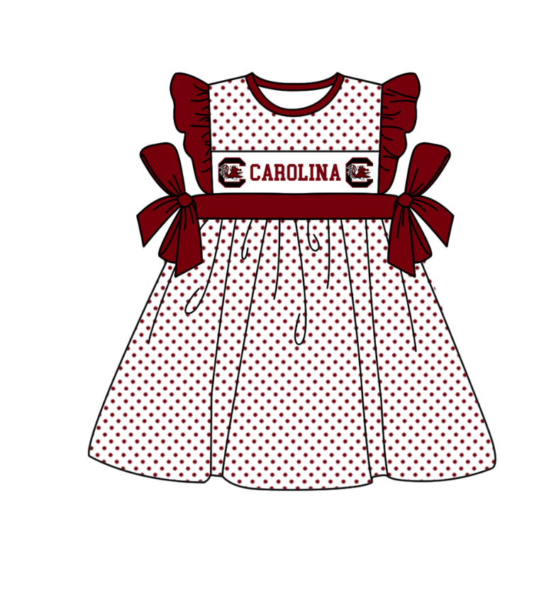 Preorder (moq 5)Baby Girls Flutter Sleeve Polka Dots Carolina Team Knee Length Dresses