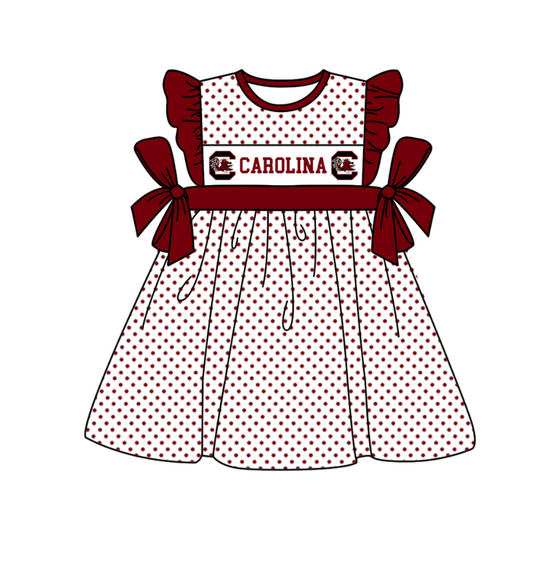 Preorder (moq 5)Baby Girls Flutter Sleeve Polka Dots Carolina Team Knee Length Dresses