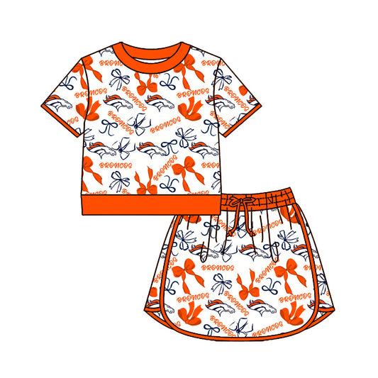 Preorder (moq 5)Baby Girls Bows Broncos Top Skirt Short Team Clothes Set