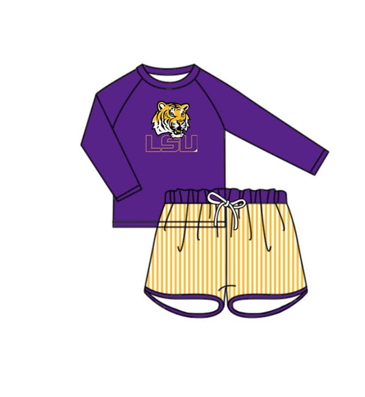 Preorder moq 5 Baby Boys LSU Tigers Long Sleeve Top Stripe Shorts Team Swimsuits
