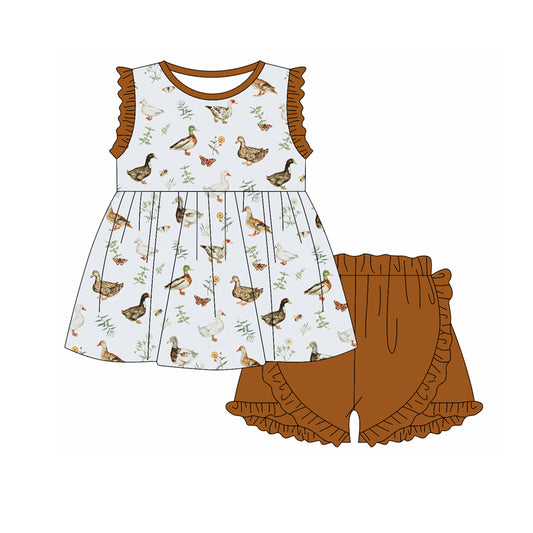 Preorder (moq 5)Baby Girls Brown Mallard Ducks Tunic Top Ruffle Shorts Clothes Sets