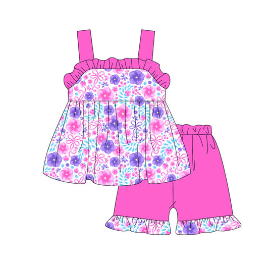 Preorder (moq 5)Baby Girls Hot Pink Strap Colorful Floral Tunic Ruffle Short Set Preorder