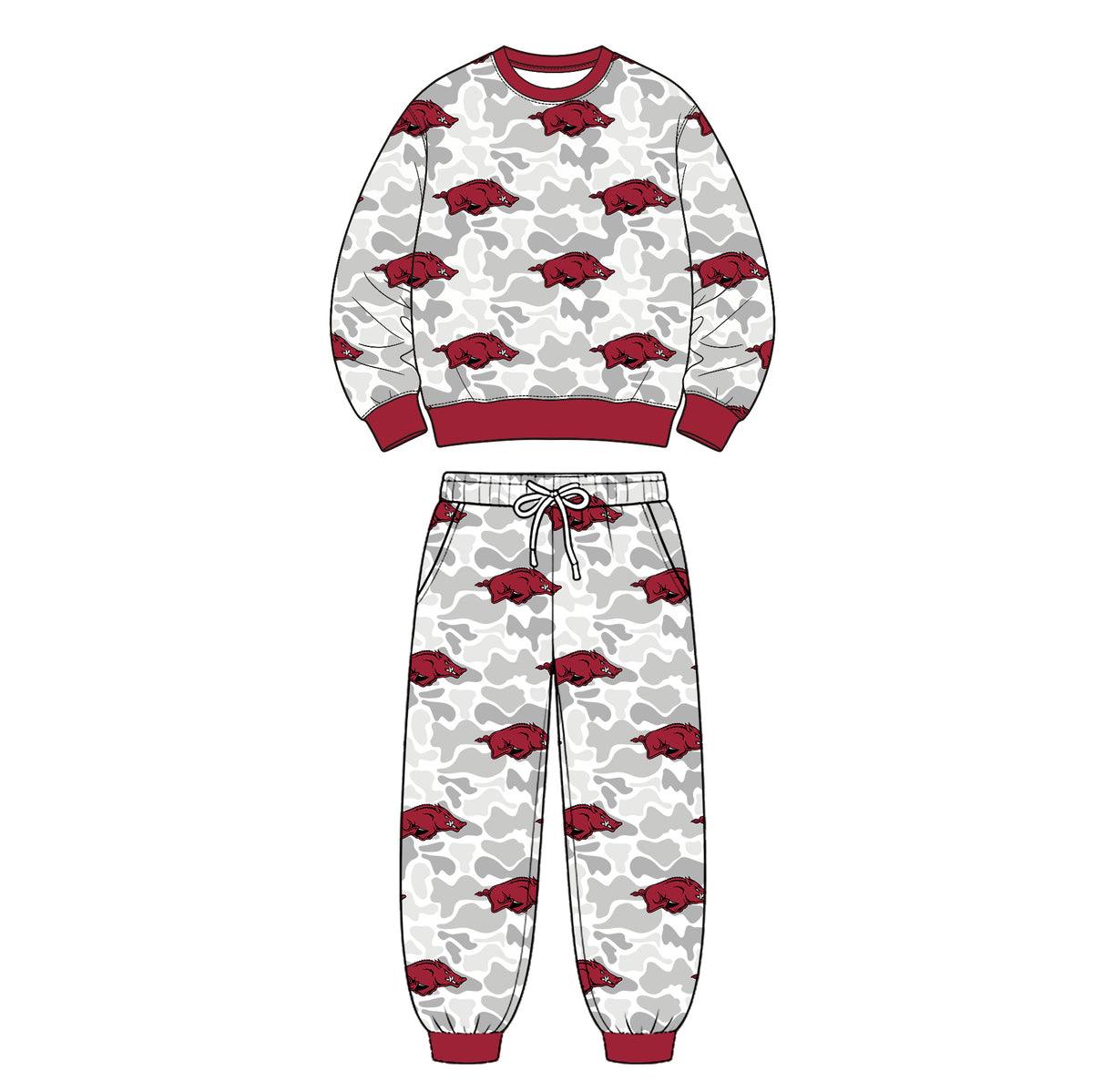 Preorder (moq 5) Baby Boy Clothes Pale Camo Wild Animal Mascot Print Long Sleeve Round Neck Top Jogger Pant Outfit Set