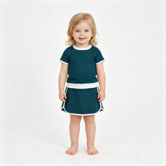 Baby Girls Dark Green Short Sleeve Top Skirt Shorts Cotton Clothes Sets