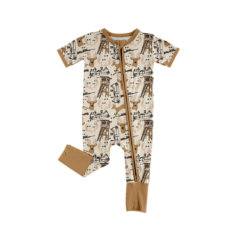 Preorder (moq 5)Baby Boys Khaki Short Sleeves Deer Hunting Zipper Rompers