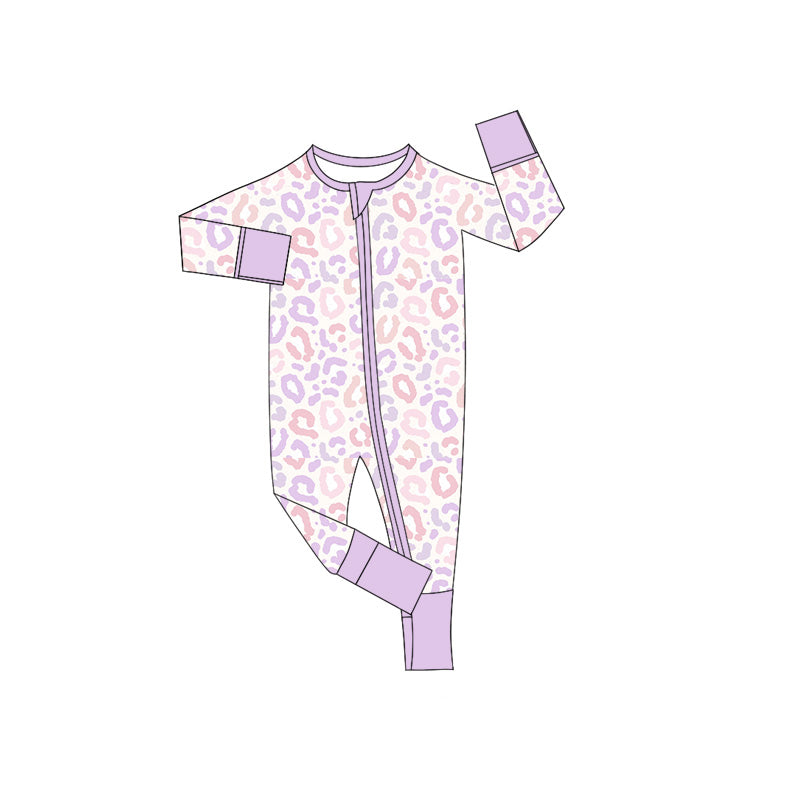 Preorder (moq 5)Baby Boys Long Sleeves Lavender Leopard Zipper Rompers