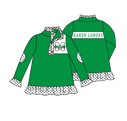 Split Preorder July 21th Baby Girls Team Green Long Ruffle Sleeves Karen Loboes Button Pullovers Top