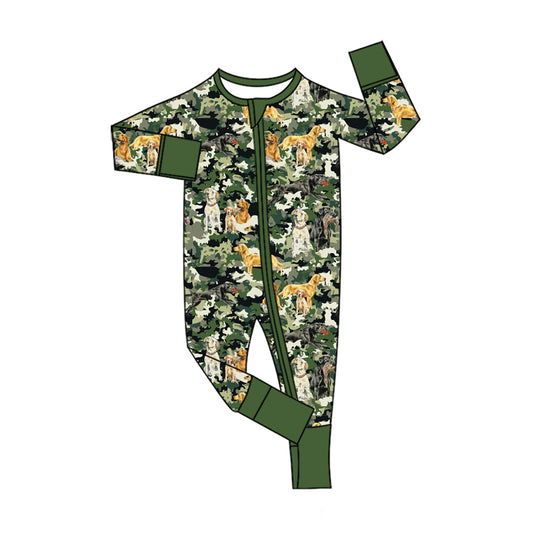 Preorder (moq 5)Baby Boys Dogs Ducks Camo Hunting Two Way Zip Convertible Rompers
