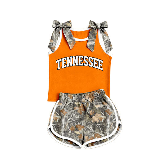 Preorder (moq 5) Baby Girls Camo Bows Sleeveless Tennessee Vest Short Team Clothes Set
