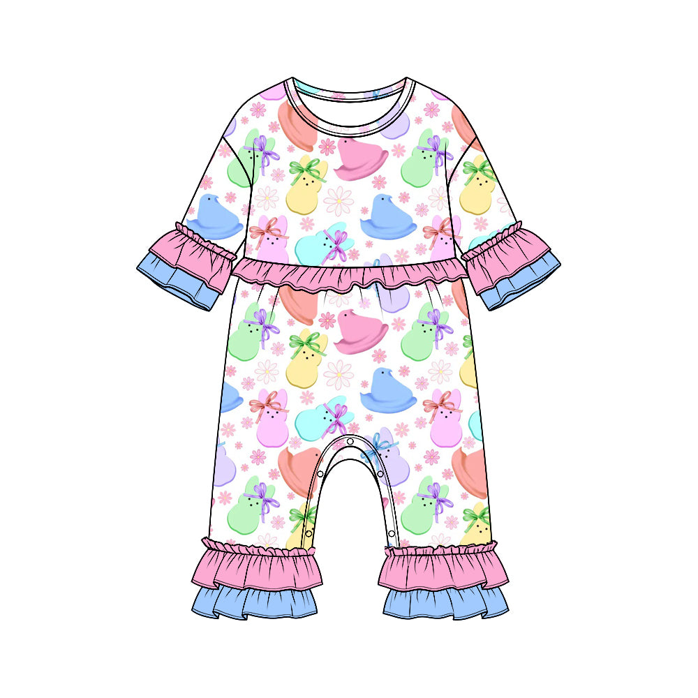 Preorder moq 5  Girls’ Easter Bunny Romper, Colorful Cute Rabbit & Bow Print, Ruffle-Trim One-Piece Spring Holiday Outfit