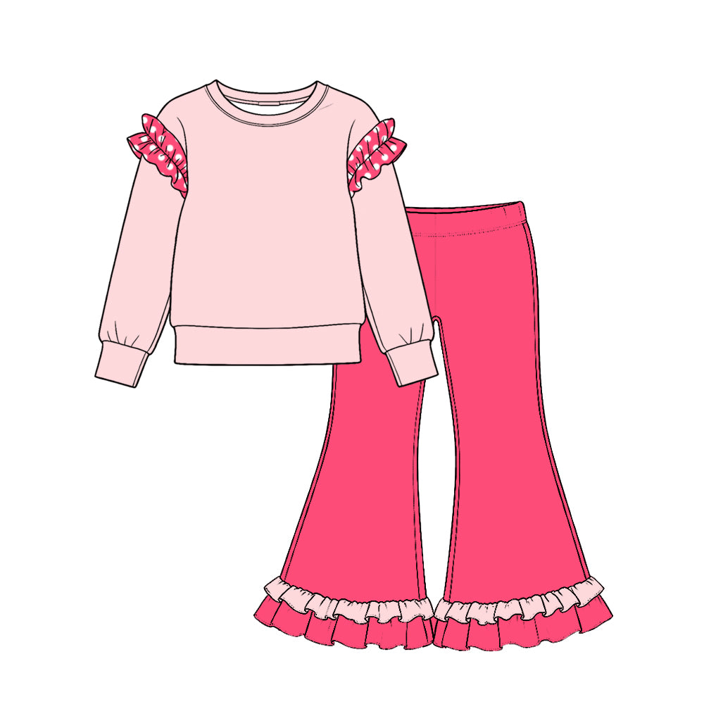 Preorder (moq 5) Baby Girl Clothes Polka Dot Ruffle Sleeve Solid Long Sleeve Ruffle Hem Flare Pant Set