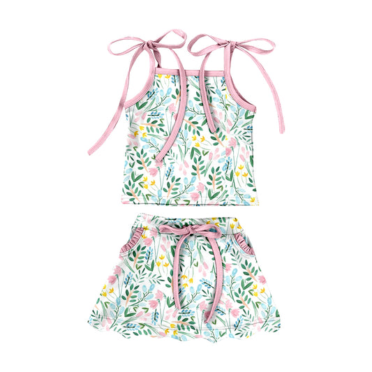 Preorder (moq 5)Baby Girls Colorful Flowers Top Pockets Scallop Skirt Shorts Swimsuits Clothes Set