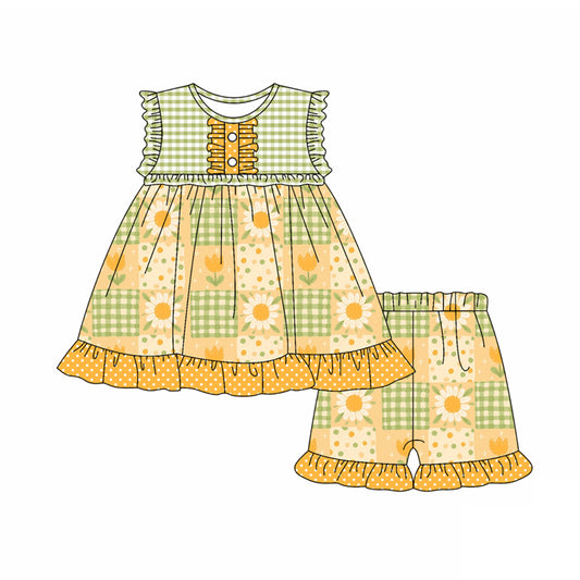 Preorder (moq 5)Baby Girls Ruffle Sleeveless Button Daisy Flowers Plaid Tunic Short Set