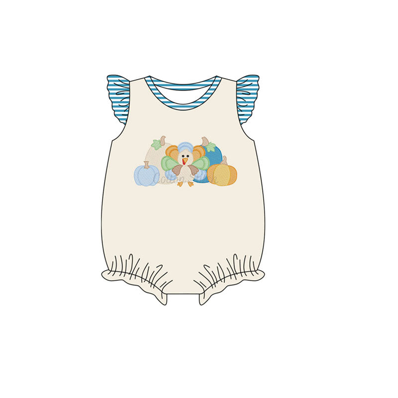 Preorder (moq 5)Baby Girls Blue Stripe Flutter Sleeves Turkey Pumpkins Ruffle Rompers