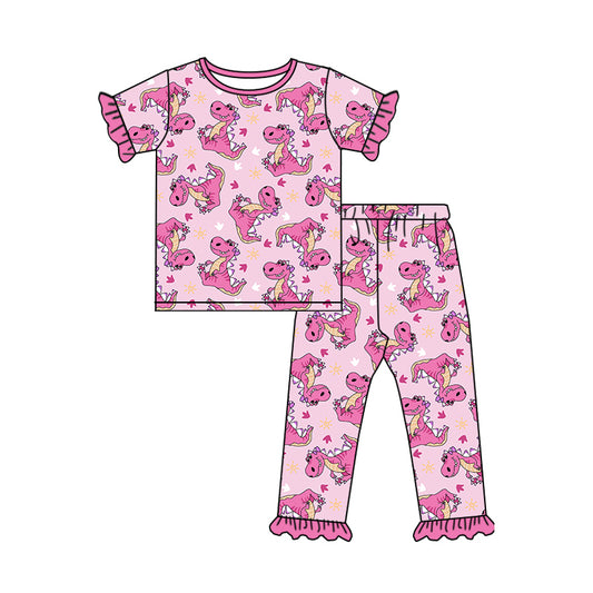 Preorder (moq 5)Baby Girls Pink Short Ruffle Sleeves Dinosaurs Top Pant Pajamas Set