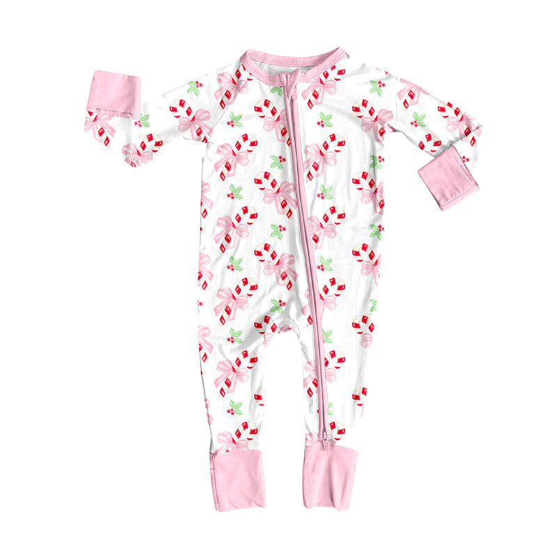 preorder(moq 5)Baby Infant Boys Long Sleeves Bows Candy Cane Christmas Zipper Rompers