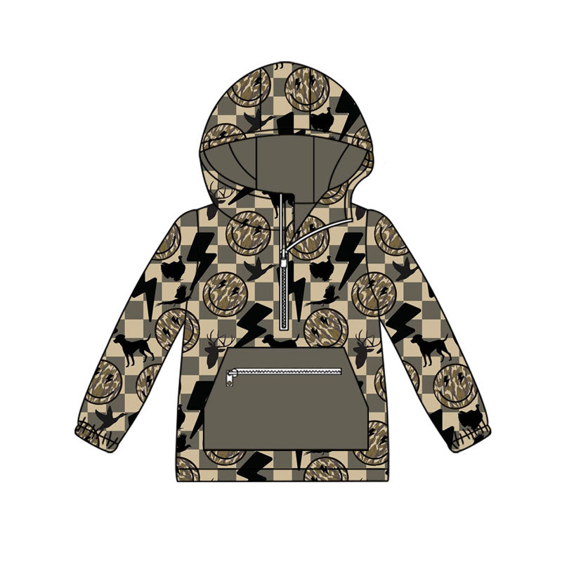 Preorder(moq 8)Baby Boys Checked Smiles Hunting Pocket Zipper  Hoodie Top