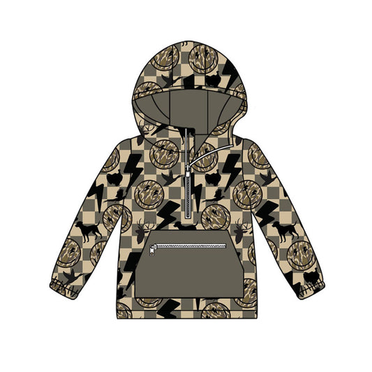 Preorder(moq 8)Baby Boys Checked Smiles Hunting Pocket Zipper  Hoodie Top