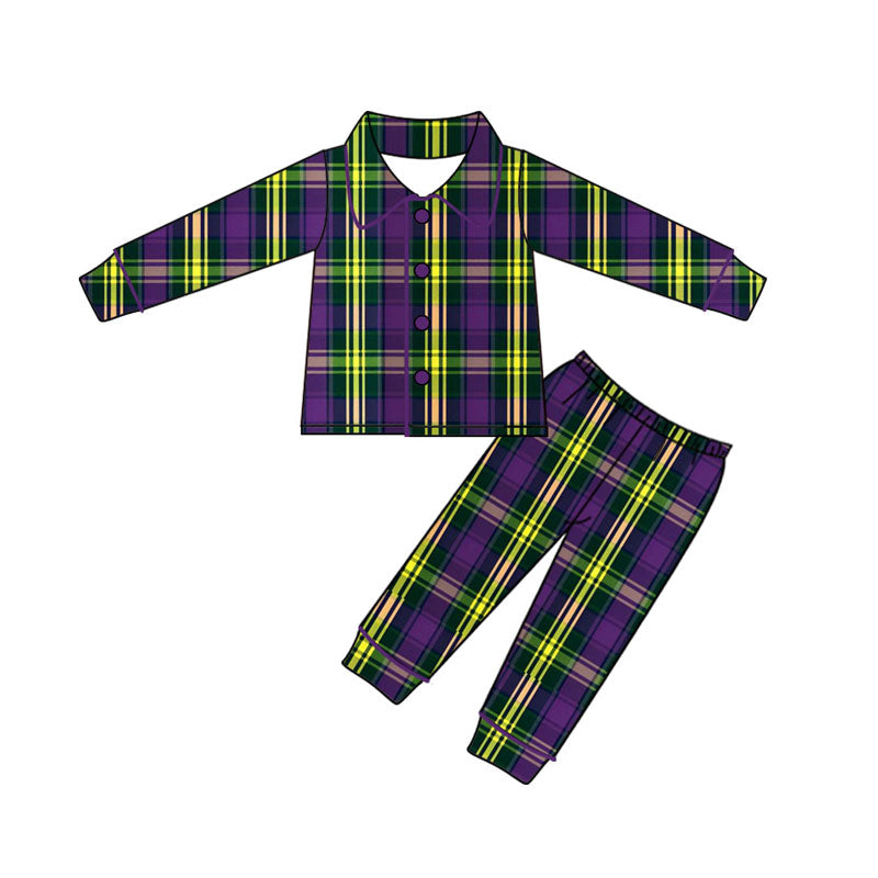 Preorder (moq 5)Baby Boys Purple Yellow Green Checked Button Pants Mardigras Pajamas Sets
