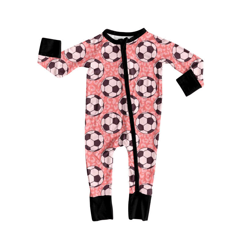 Preorder (moq 5)Baby Girls Leopard Footballs Team Zipper Footie Rompers