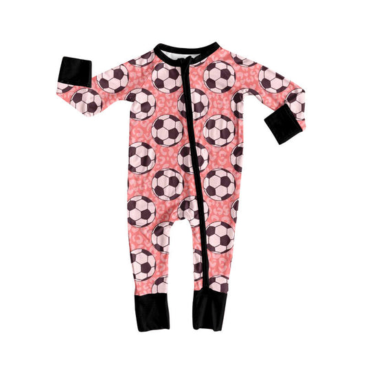 Preorder (moq 5)Baby Girls Leopard Footballs Team Zipper Footie Rompers