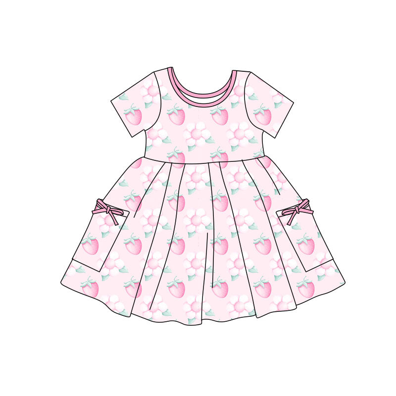 Preorder(moq 5) Baby Girls Pink Flowers Strawberry Pockets Knee Length Dresses