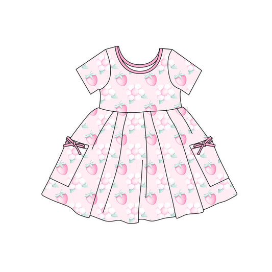 Preorder(moq 5) Baby Girls Pink Flowers Strawberry Pockets Knee Length Dresses