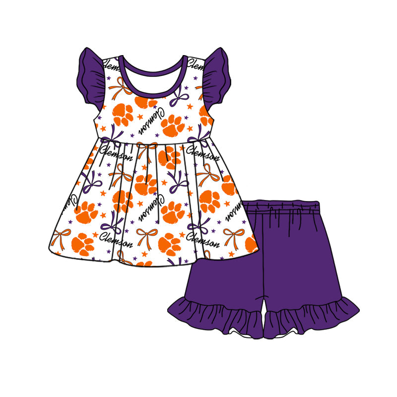 Preorder (moq 5)Baby Girls Flutter Sleeve Bows Stars Tunic Ruffle Short Team Clothes Sets