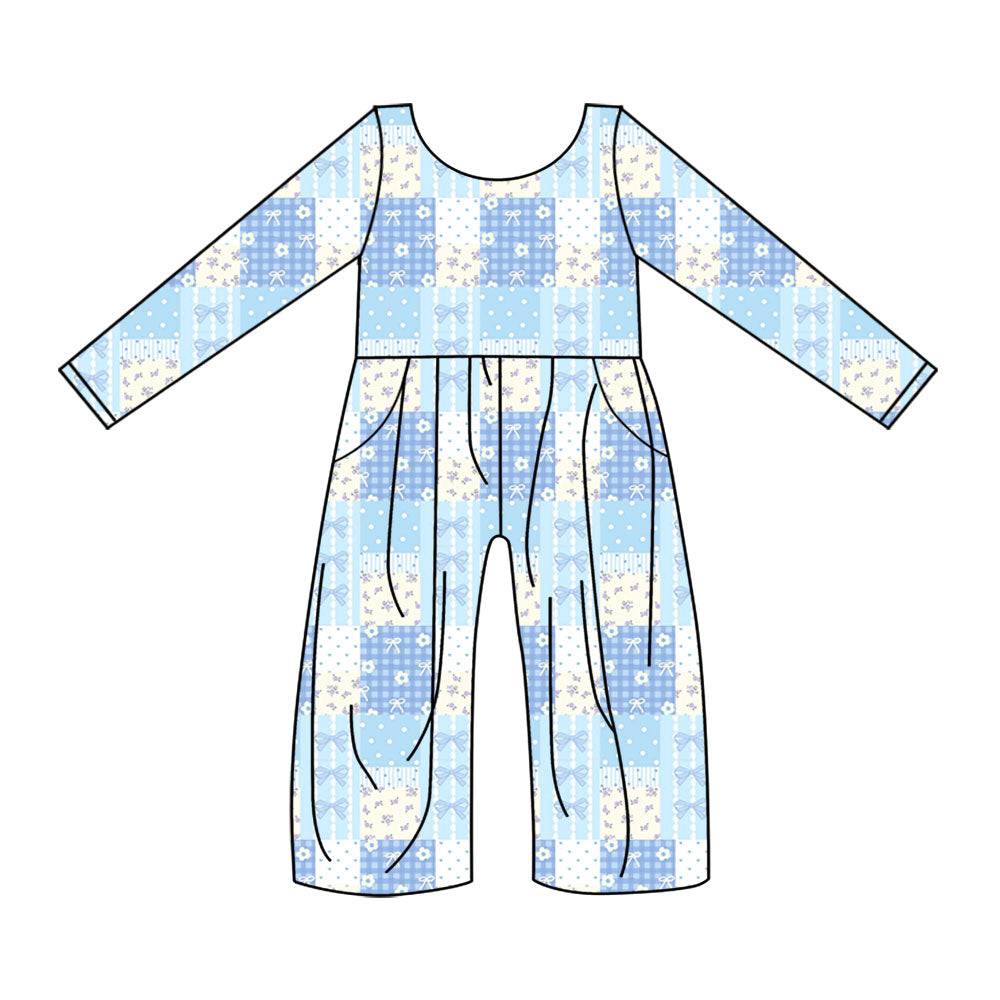 Preorder(moq 5) Baby Girls Blue Flowers Bows Checked Pockets Pant Jumpsuits