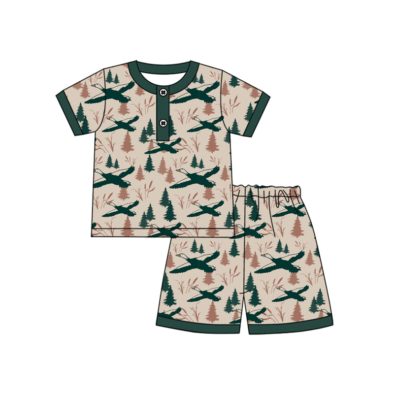 Preorder (moq 5)Baby Boys Green Short Sleeves Ducks Trees Button Top Short Pajamas Sets Preorder
