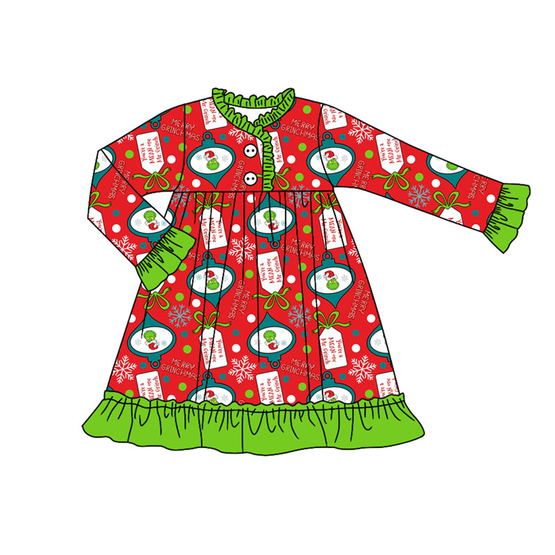 Preorder (moq 5)Baby Girls Long Ruffle Sleeves Cartoon Faces Plaid Button Knee Length Dress