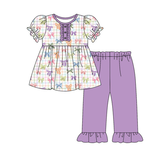 Preorder(moq 8)Baby Girls Colorful Checked Bows Button Tunic Purple Ruffle Pants Clothes Sets