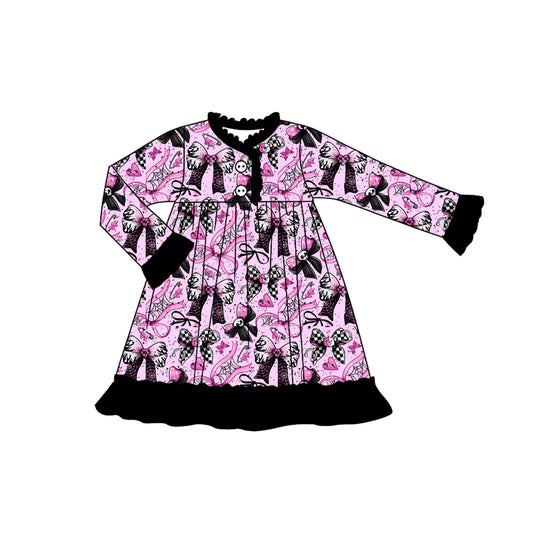 Preorder (moq 5)Baby Girls Skull Bows Plaid Button Halloween Knee Length Dress