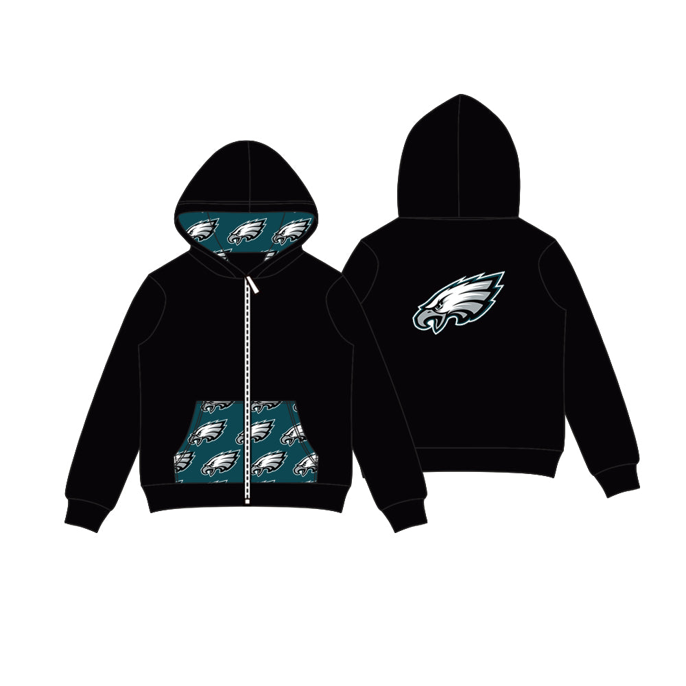 Preorder (moq 5)Baby Boys Black Eagles Team Pocket Zipper Hoodies Tops