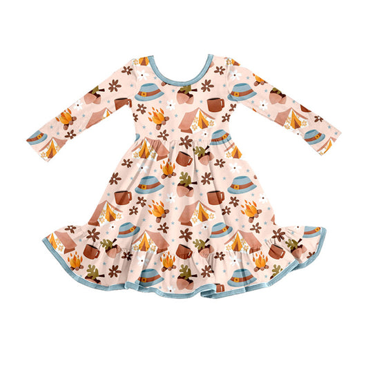 Preorder (moq 5)Baby Girls Hats Fire Adventure Ruffle Long Sleeves Knee Length Dresses