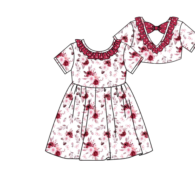 Preorder (moq 5)Baby Girls Red Flowers Back Bow Knee Length Dresses