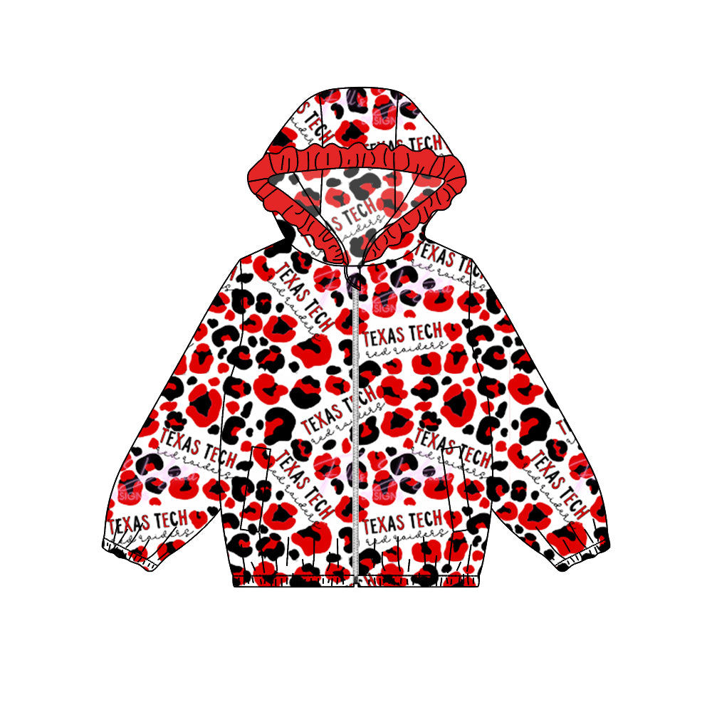 Preorder (moq 5)Baby Girls Texas Tech Footballs Red Leopard Team Ruffle Hooded Tops