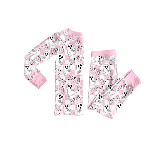 Preorder (moq 5)Baby Girls Pink Plaid Long Sleeves Ghost BOO Top Pant Pajamas Set