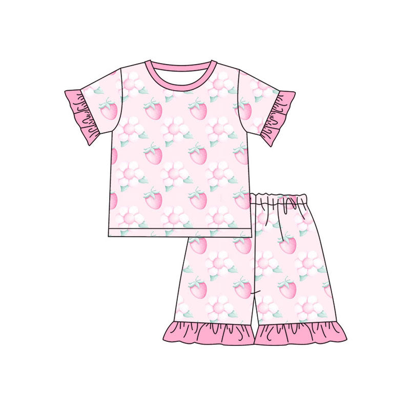 Preorder(moq 5) Baby Girls Pink Flowers Strawberry Top Ruffle Shorts Pajamas Set