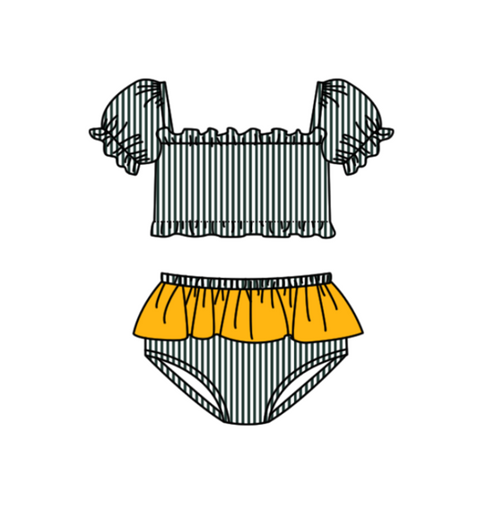 Preorder moq 5 Baby Girls Green Stripe Vest Top Bummies Short Team Swimsuits