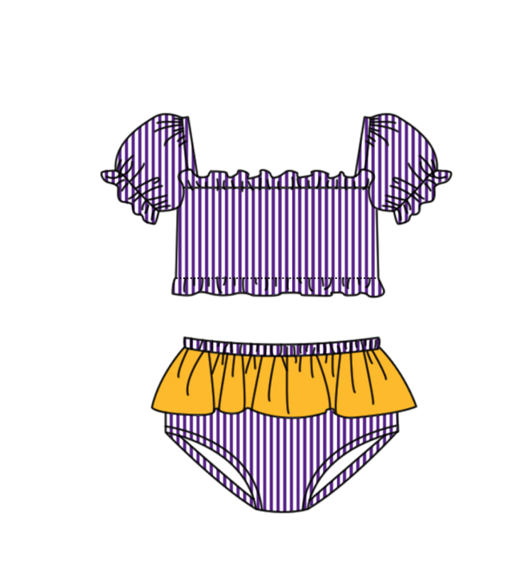 Preorder moq 5 Baby Girls Purple Stripe Vest Top Bummies Short Team Swimsuits