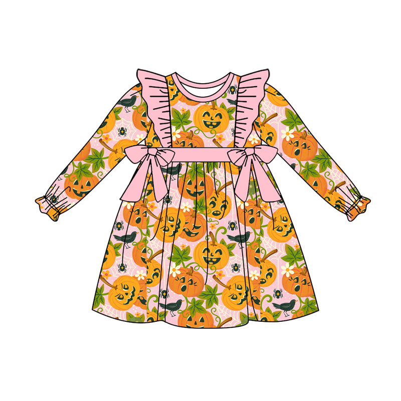 Preorder (moq 5)Baby Girls Long Ruffle Sleeves Pumpkins Bows Knee Length Dresses
