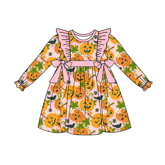 Preorder (moq 5)Baby Girls Long Ruffle Sleeves Pumpkins Bows Knee Length Dresses