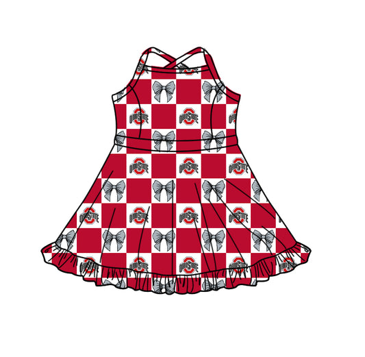 Preorder (moq 5) Baby Girls Strap Bows Ohio State Checked Team Short Knee Length Dress