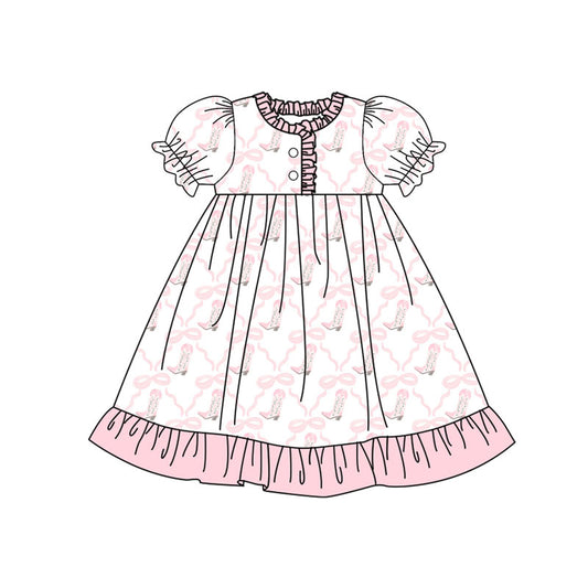 Preorder(moq 5) Baby Girls Pink Bows Boots Checked Button Ruffle Knee Length Dresses